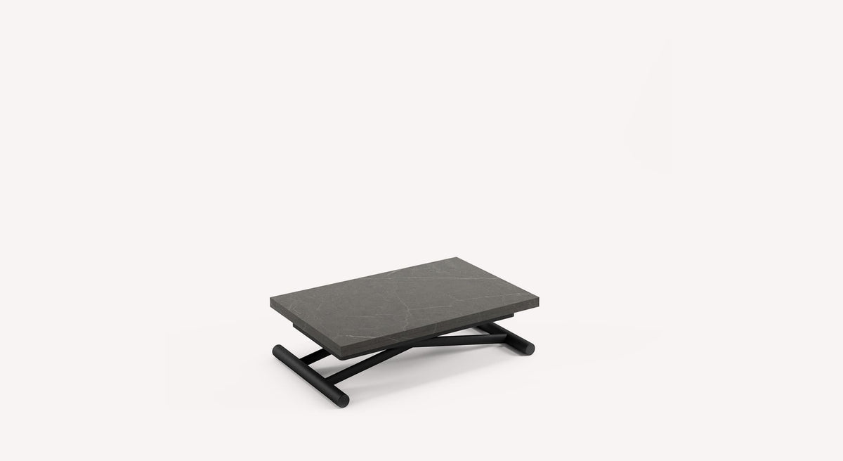 Table basse relevable moderne avec plateau en AMELIE Mélaminé Pierre grise, design fonctionnel idéal pour optimiser l'espace et le rangement au quotidien.