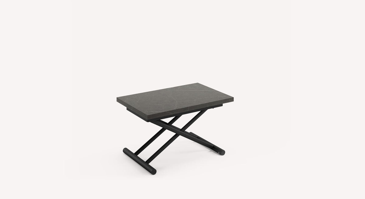 Table relevable moderne en AMELIE Mélaminé Pierre grise, parfaite pour optimiser l'espace avec un design fonctionnel et élégant.