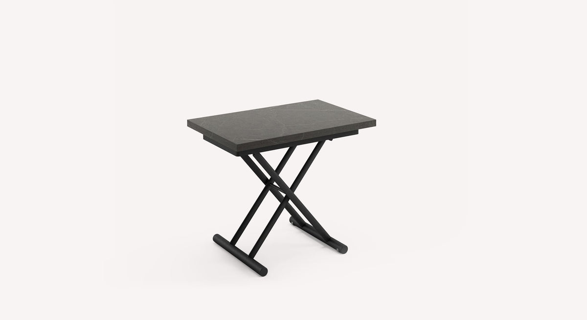 Table relevable moderne en couleur gris pierre avec plateau en Mélaminé, modèle AMELIE Mélaminé Pierre grise, alliant design fonctionnel et élégance contemporaine.