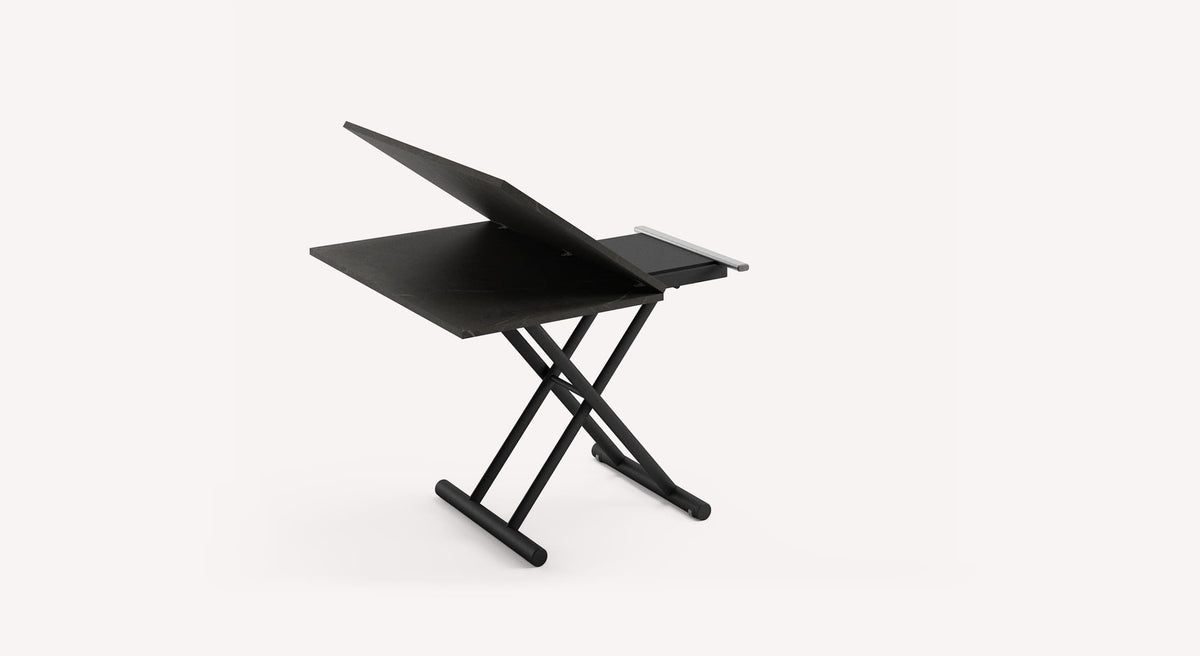 Table relevable en AMELIE Mélaminé Pierre grise avec plateau incliné et structure robuste, idéale pour optimiser l'espace de travail ou repas.