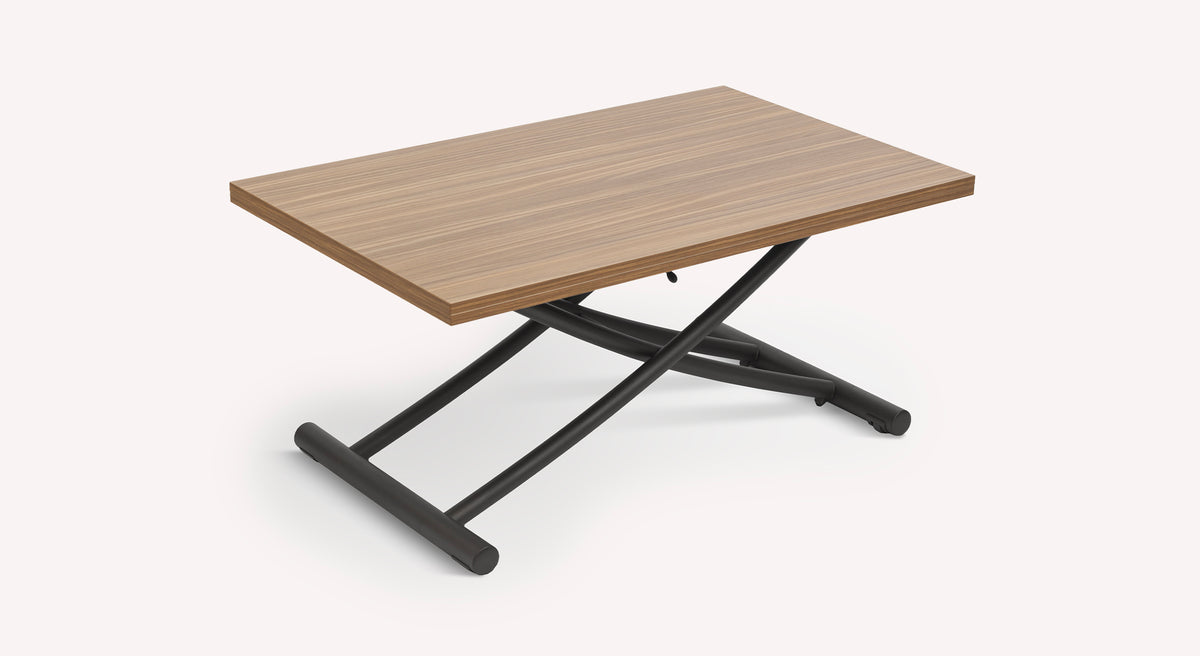 Table extensible Bessy avec plateau en bois et pieds en métal noir croisés, vue en packshot