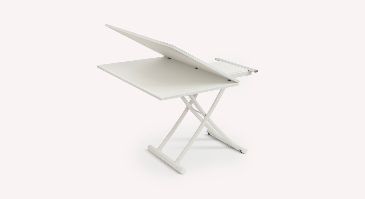 Table extensible Bessy M24 G01, blanche, avec plateau inclinable et pieds croisés