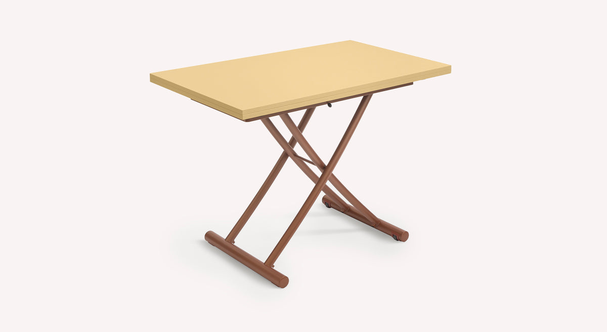 Table pliante Bessy M25 avec plateau beige et pieds croisés en métal brun