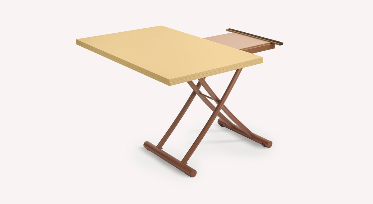 Table pliante Bessy M25 avec plateau beige et pieds croisés marron, vue de profil