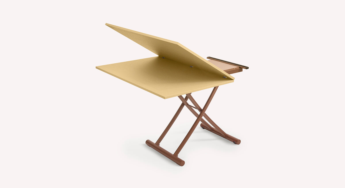 Table pliante Bessy M25 avec plateau inclinable en bois clair et pieds croisés en métal brun