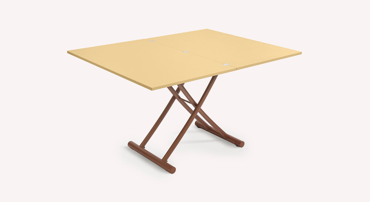 Table pliante Bessy M25 avec plateau beige et pieds croisés marron, vue de côté