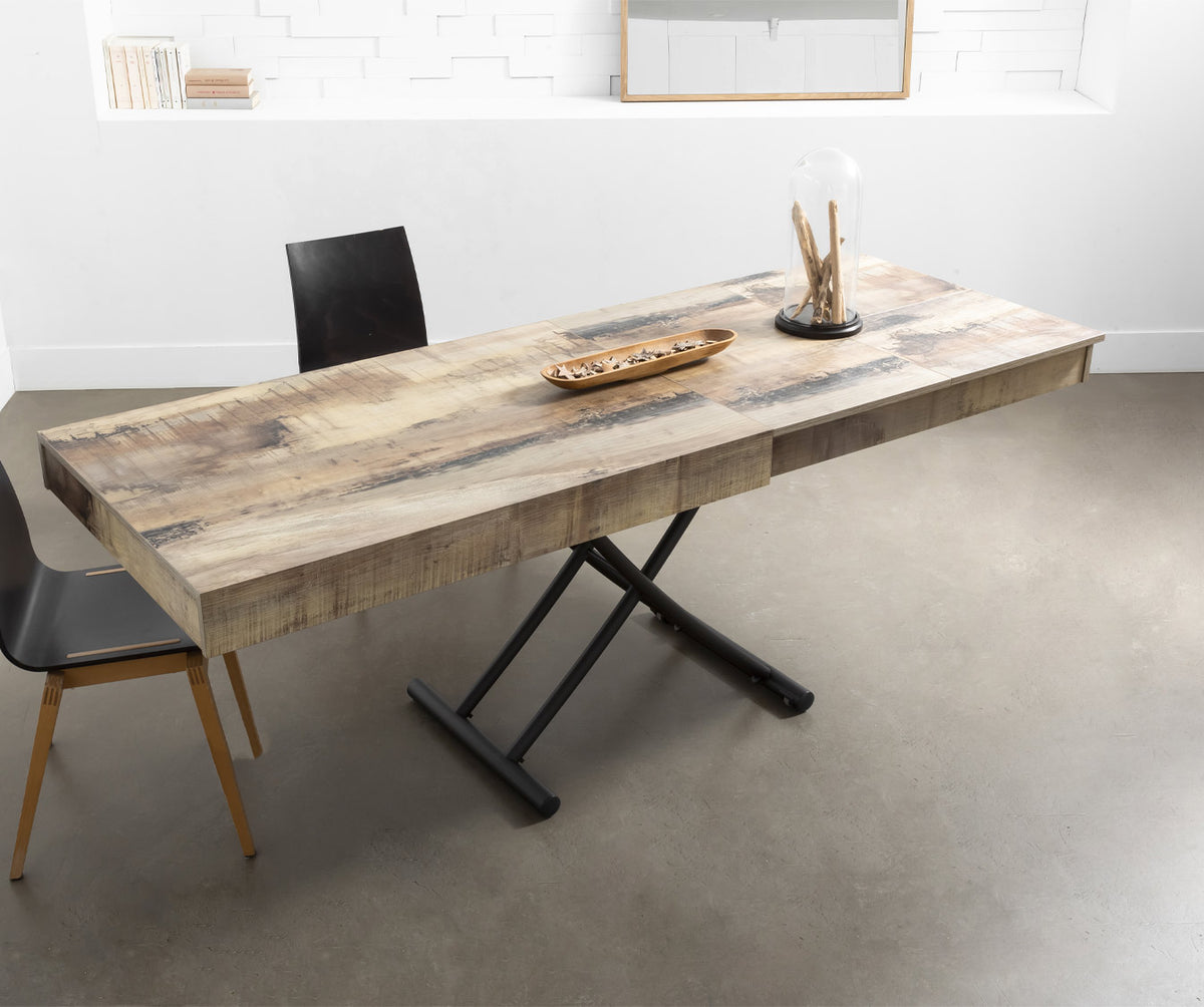 Table extensible au design moderne avec plateau en mélaminé imitation bois naturel sur structure métallique noire, modèle BOSTON Mélaminé Morera, idéal pour un espace repas fonctionnel.