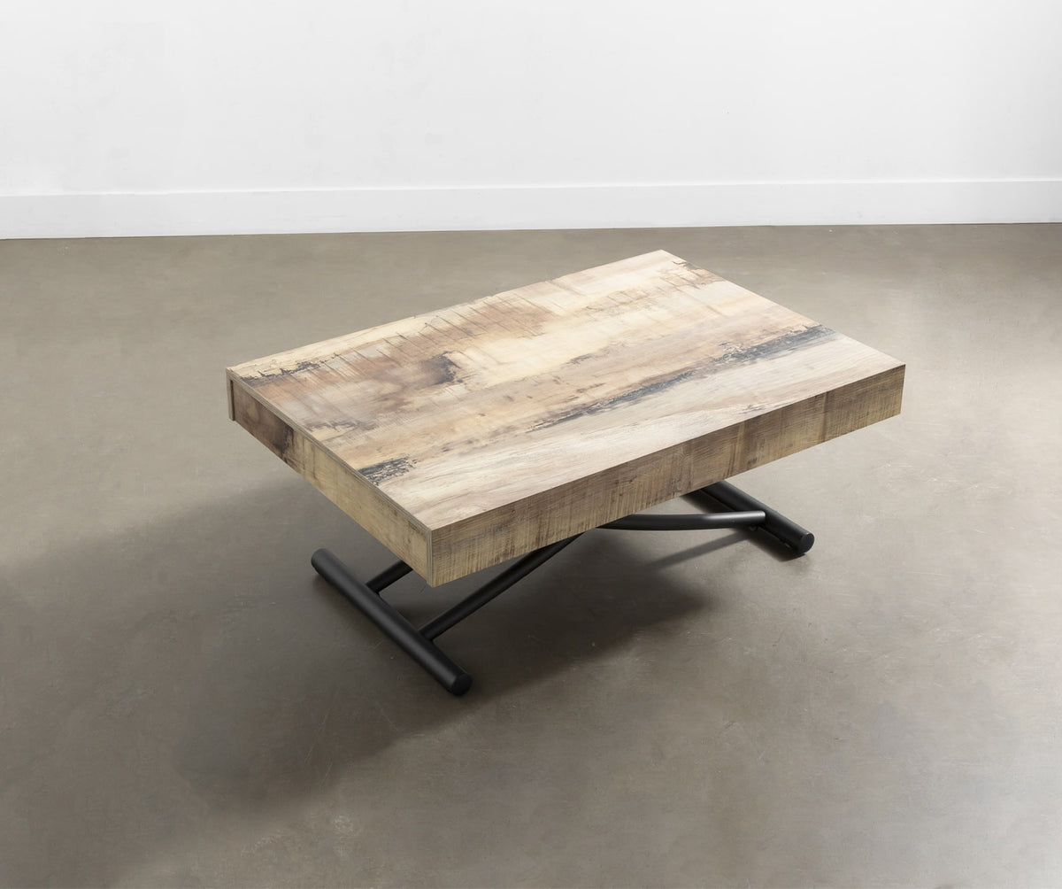 Table basse relevable avec plateau effet bois naturel et structure noire, modèle BOSTON Mélaminé Morera adapté pour un salon moderne avec mécanisme pratique.