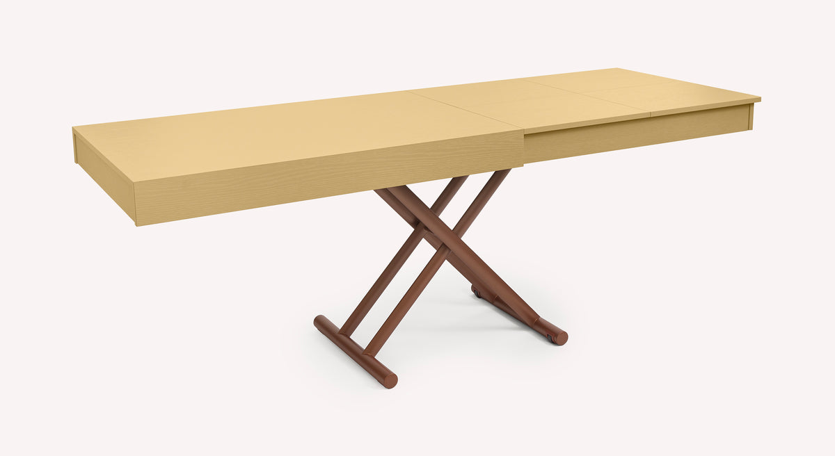 Table Boston extensible en bois clair avec pieds croisés en métal brun, vue en position ouverte