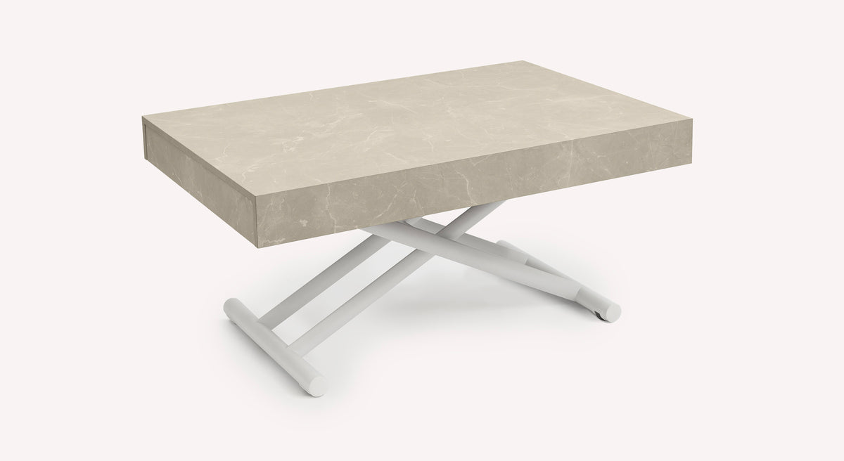Table extensible Boston avec plateau en marbre beige et pieds croisés blancs