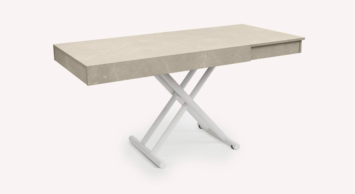 Table extensible Boston M24 avec plateau en marbre beige et pieds croisés blancs