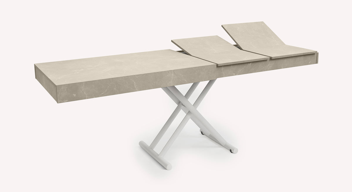 Table extensible Boston avec plateau en marbre beige et pieds croisés blancs, modèle M24 N45 206