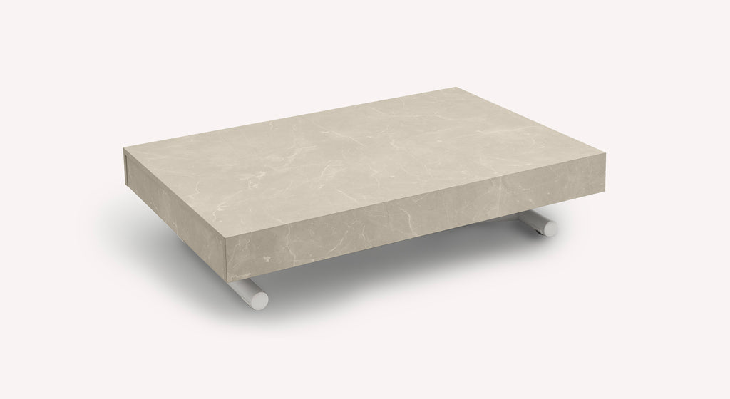 Table basse extensible Boston en marbre beige avec pieds cylindriques blancs