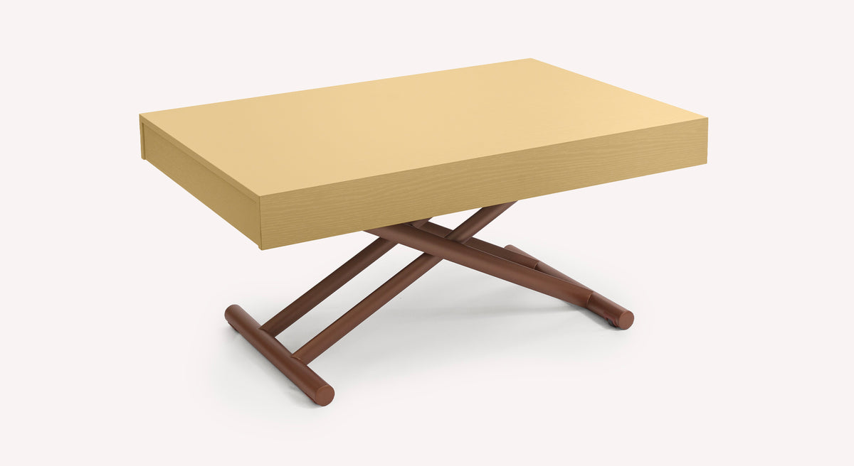 Table extensible Boston avec plateau en bois clair et pieds croisés en métal brun, modèle M25