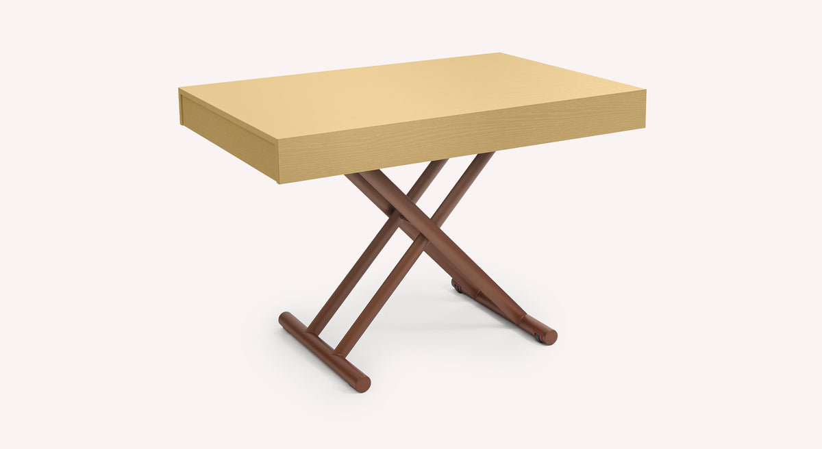 Table extensible Boston avec plateau en bois clair et pieds croisés en métal brun, vue de profil