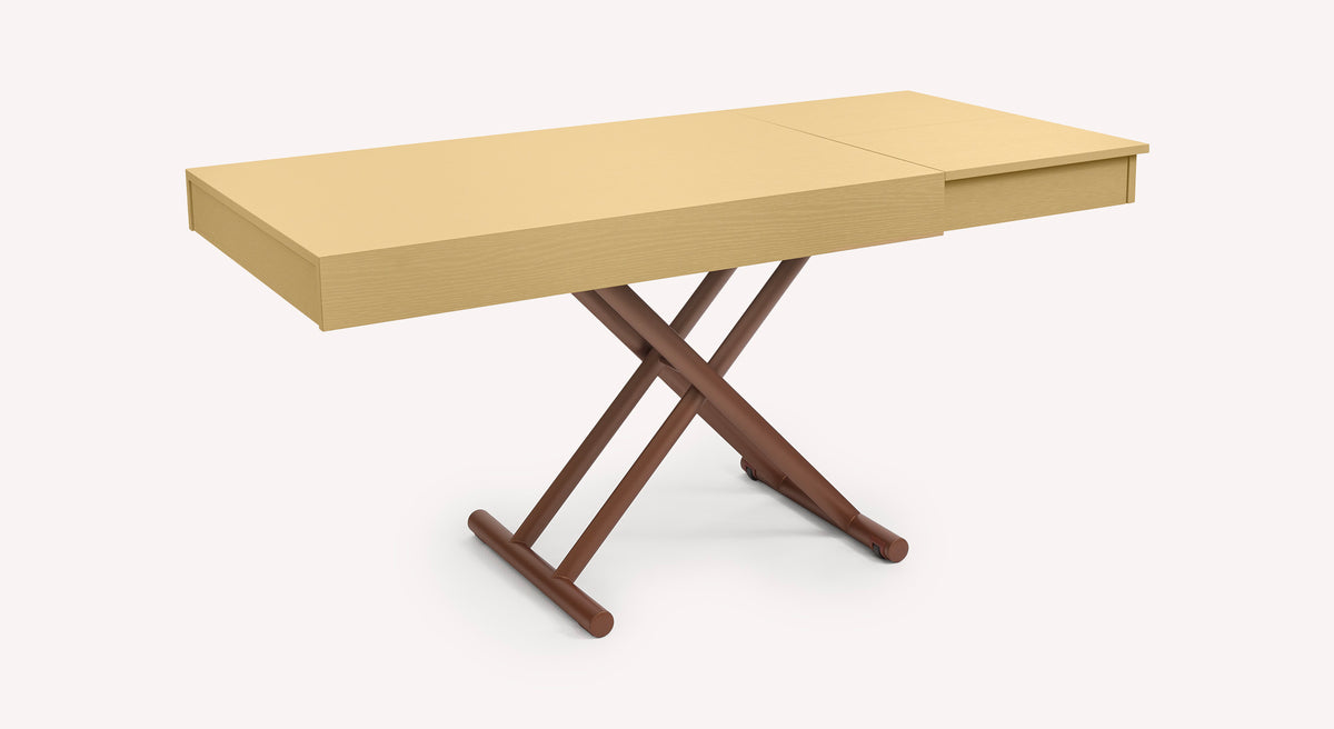 Table extensible Boston avec plateau beige et pieds croisés marron, design moderne