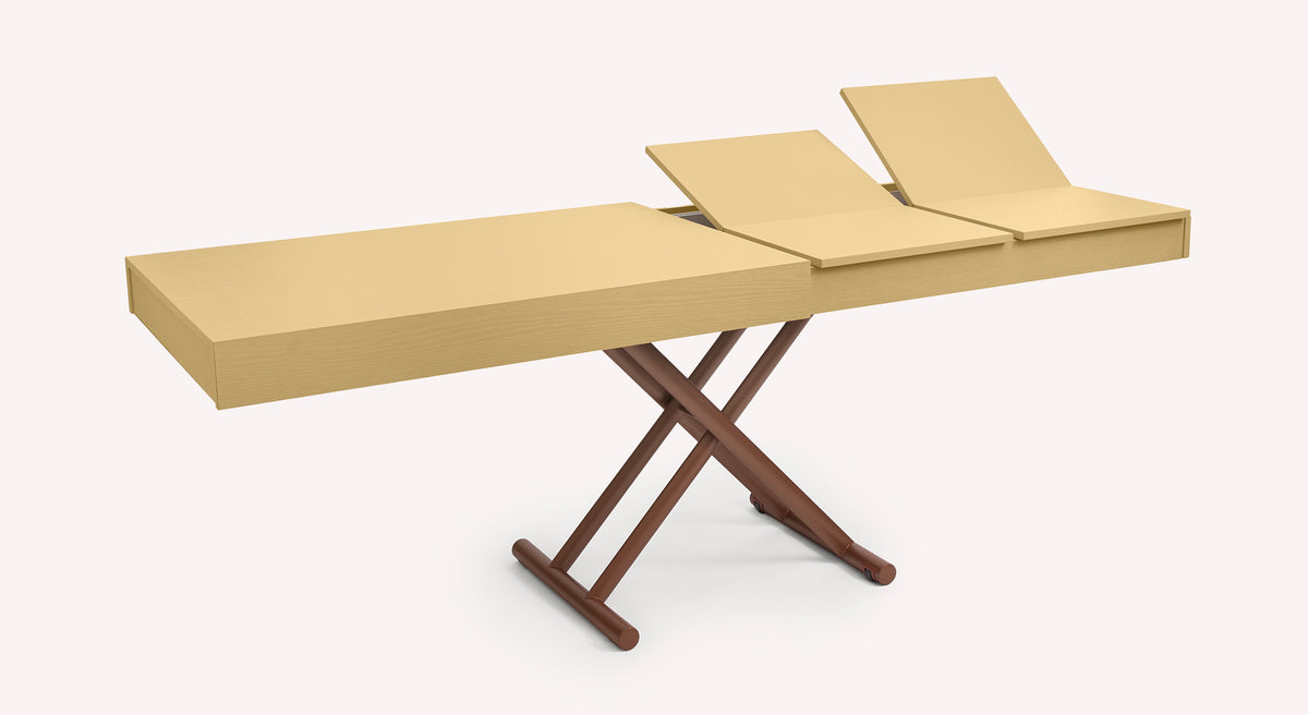 Table extensible Boston avec plateau beige et pieds croisés en bois foncé, vue en packshot