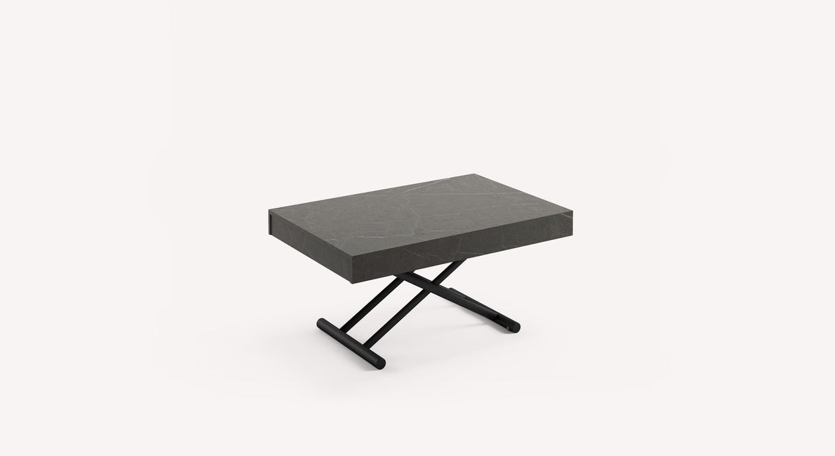 Table extensible Boston avec plateau gris et pieds croisés noirs, design moderne