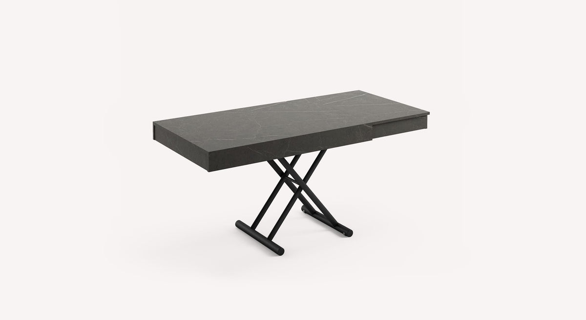 Table extensible Boston avec plateau gris foncé et pieds croisés noirs, design moderne et fonctionnel