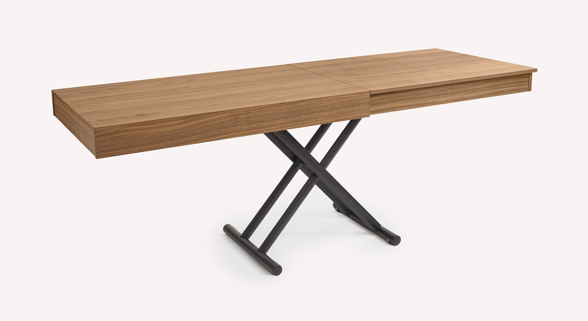 Table extensible Boston en bois avec pieds en métal croisés, ouverte