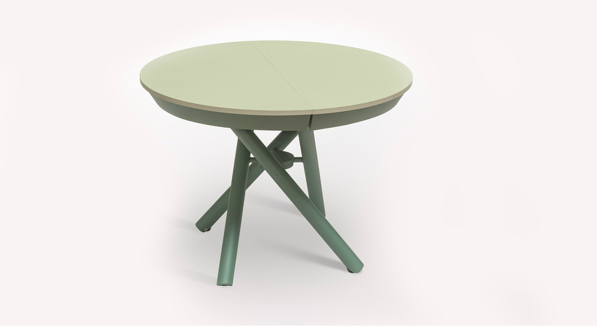 Table extensible ronde Helios, couleur vert clair, avec pieds croisés