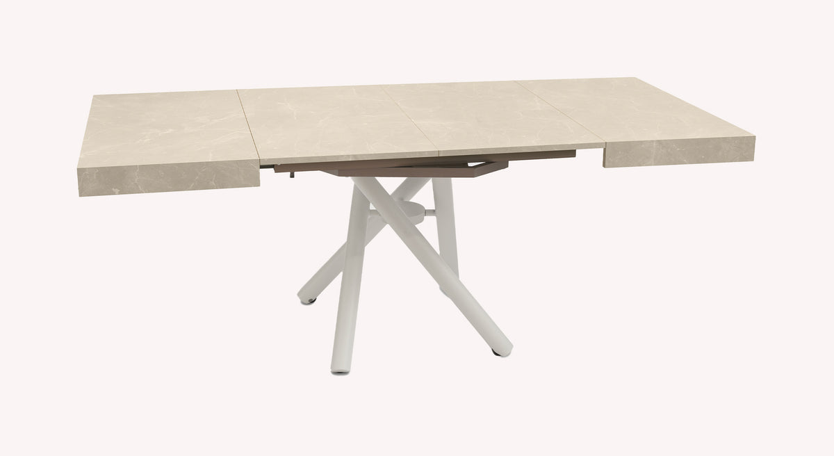 Table extensible Levante avec plateau en marbre clair et pieds croisés blancs