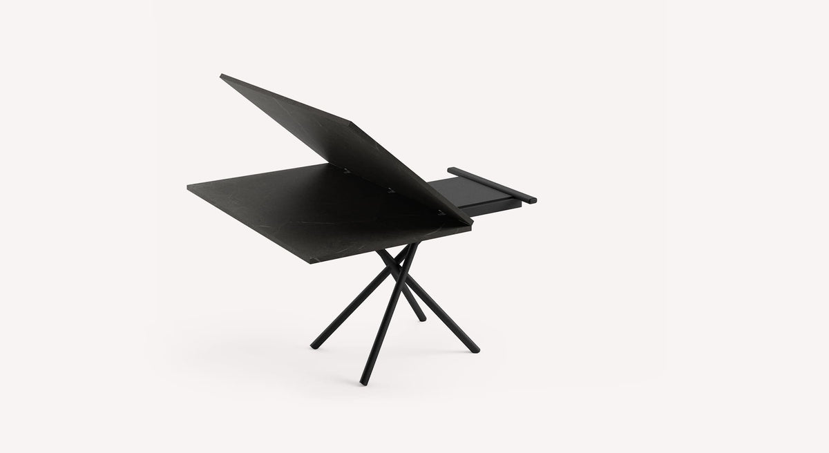 Table relevable noire au design moderne avec plateau ajustable, modèle LOTUS Mélaminé Pierre grise idéal pour optimiser l'espace et accompagner un canapé convertible.