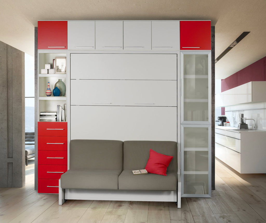 Canapé convertible KETIAM SOFA Mélaminé Blanc intégré dans un meuble avec rangement rouge et blanc, idéal pour un couchage quotidien et un gain de place dans un intérieur moderne.