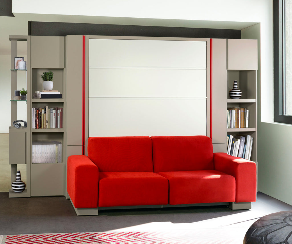 Canapé rouge moderne avec armoire-lit intégrée KETIAM PULLMAN Mélaminé blanc, espace optimisé et rangement pratique pour un intérieur contemporain et fonctionnel.