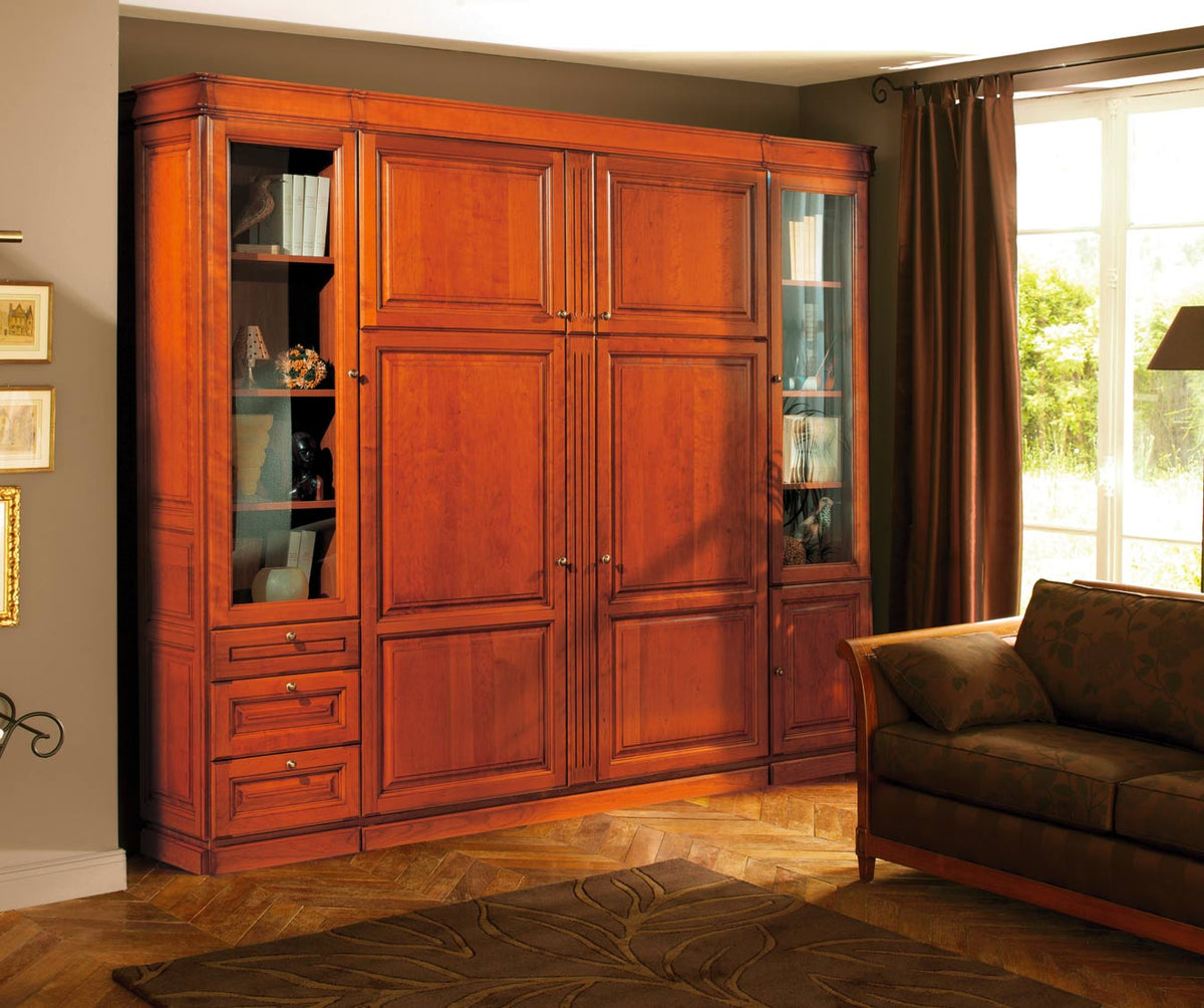 Armoire-lit en bois avec finitions chaleureuses dans un salon élégant, démontrant le modèle MASTER +50 coloris & matériaux adapté aux espaces de vie polyvalents.