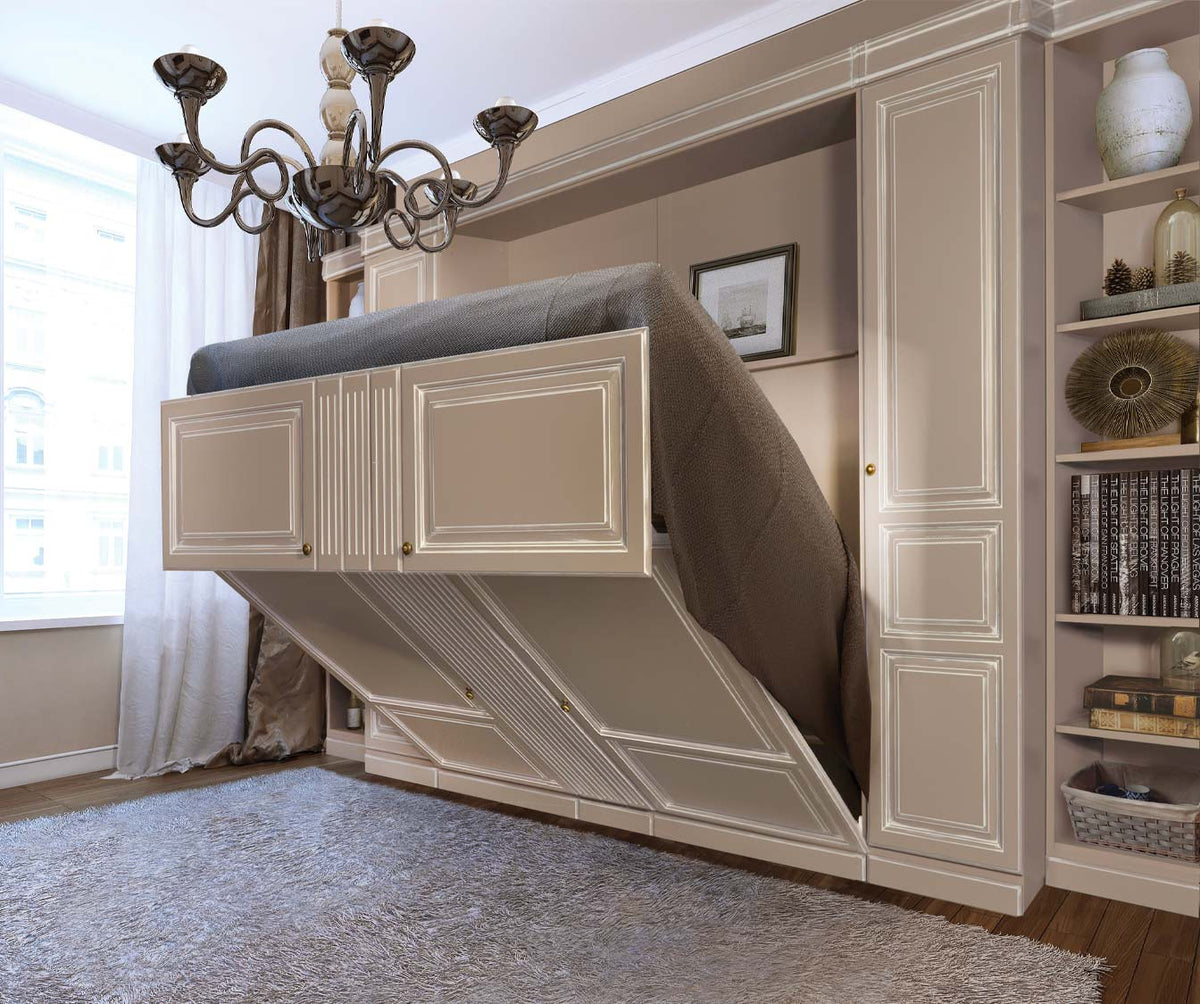 Lit escamotable beige avec finition élégante intégré dans un mur de rangement, pièce lumineuse avec tapis gris, présenté dans la collection MASTER +50 coloris & matériaux.