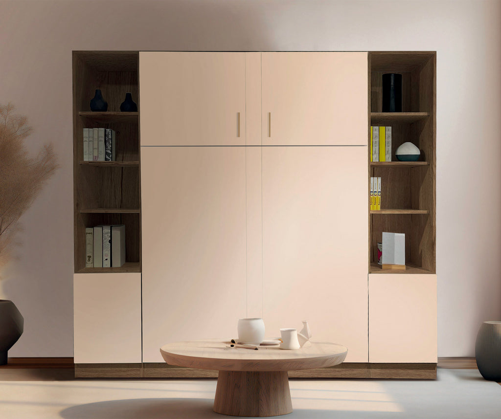 Armoire-lit MELAMIX Mélaminé Façade Vert eucalyptus intégrée dans un intérieur moderne avec rangements ouverts et table basse en bois.