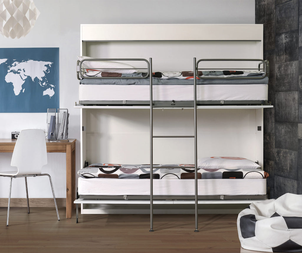 Lit escamotable superposé avec échelle intégrée dans une chambre moderne, mobilier fonctionnel et gain de place, modèle MELAMIX DUO +50 coloris & matériaux.