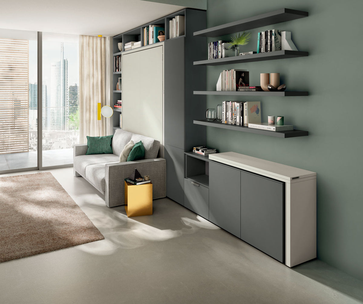 Espace de vie moderne avec canapé gris, bibliothèque murale et meuble fonctionnel dans un intérieur lumineux, présenté dans la collection GIRO +50 coloris & matériaux.
