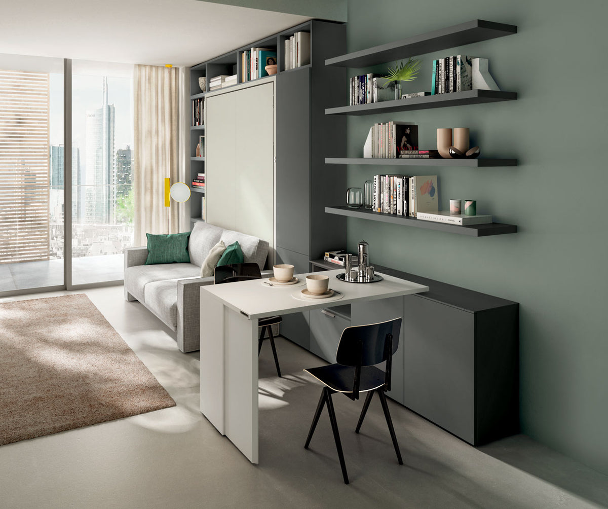 Pièce de vie moderne avec canapé convertible et table extensible organisés autour du modèle GIRO +50 coloris & matériaux, dans une ambiance épurée et fonctionnelle.