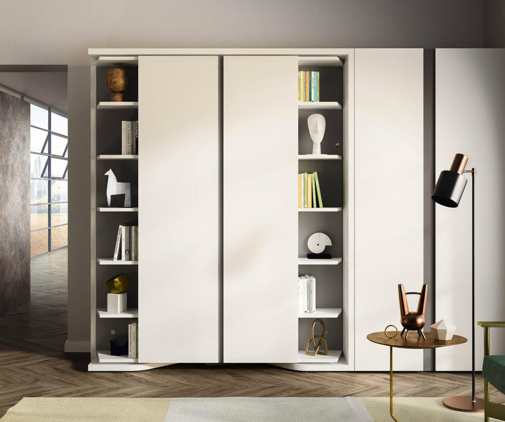 Armoire-lit moderne avec portes coulissantes en finition claire, intégrant des étagères décoratives, illustrant la collection LGM DOORS +50 coloris & matériaux.