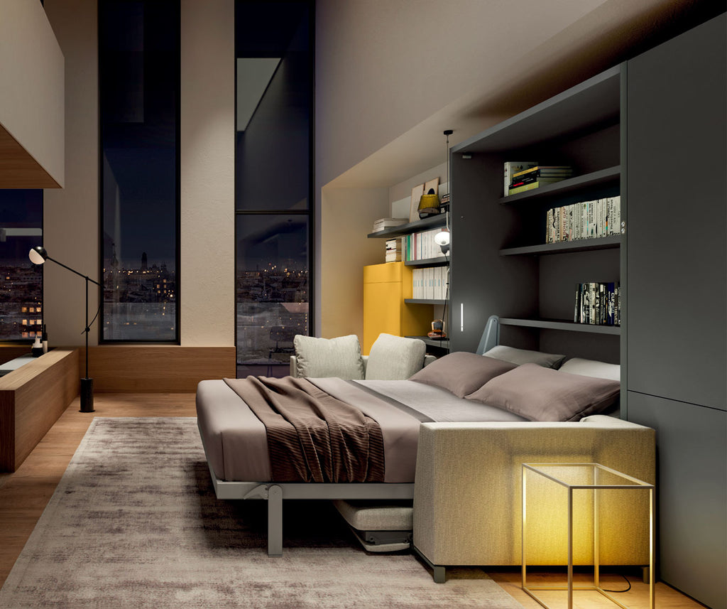 Chambre contemporaine avec lit escamotable TONALE +100 tissus au choix, intégrant un espace de rangement et un canapé confortable, dans une ambiance chaleureuse et élégante.
