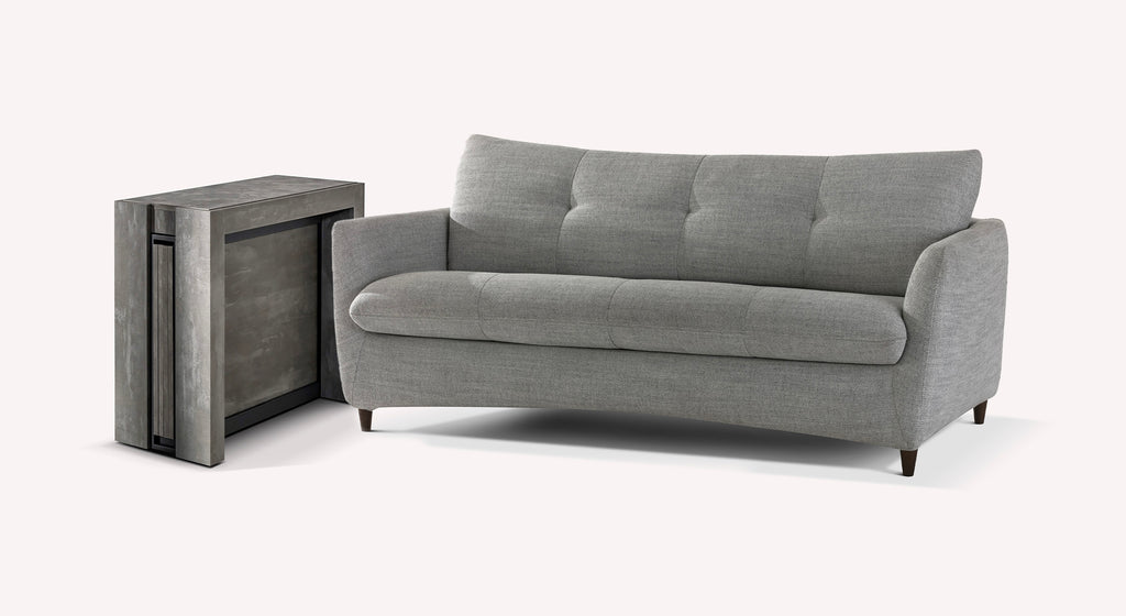 Canapé gris avec table d'appoint compacte en mélamine effet béton, design moderne et épuré