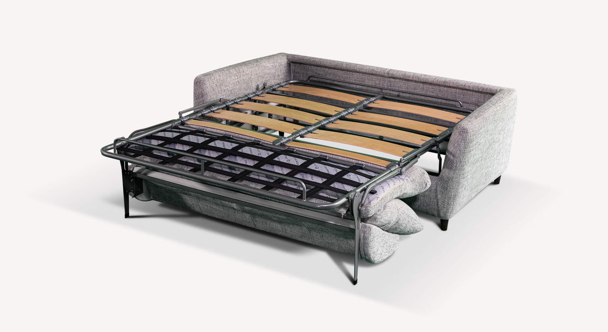 Canapé convertible en tissu gris avec sommier déplié, modèle Bow Mariclo, coloris étain