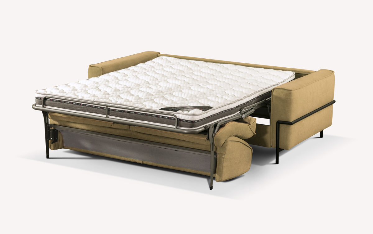 Canapé convertible Eddy en tissu curcuma avec matelas déplié, design moderne et fonctionnel
