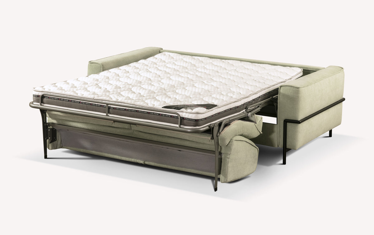 Canapé convertible Eddy en tissu Nuvole eucalyptus, déplié avec matelas visible