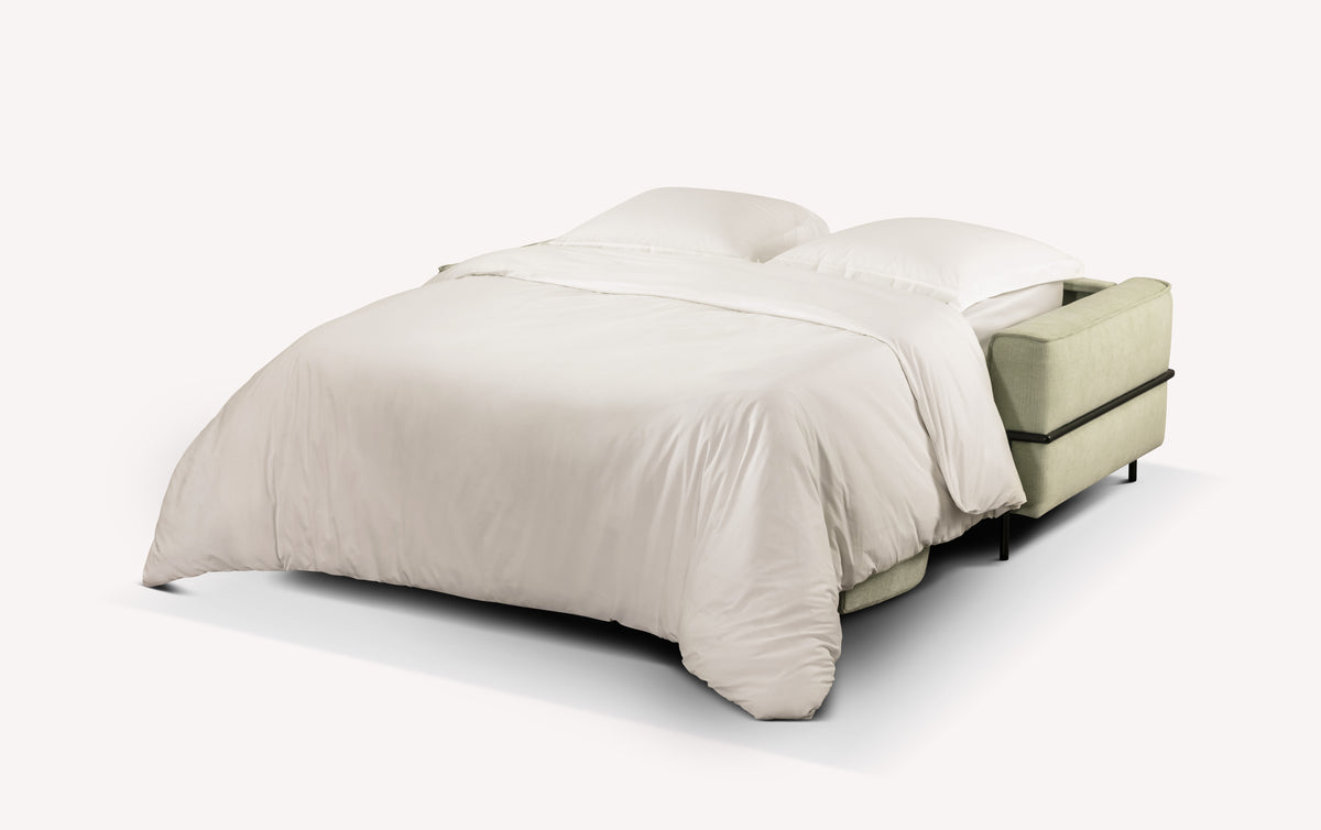 Canapé convertible Eddy ouvert en tissu Nuvole eucalyptus, avec literie blanche