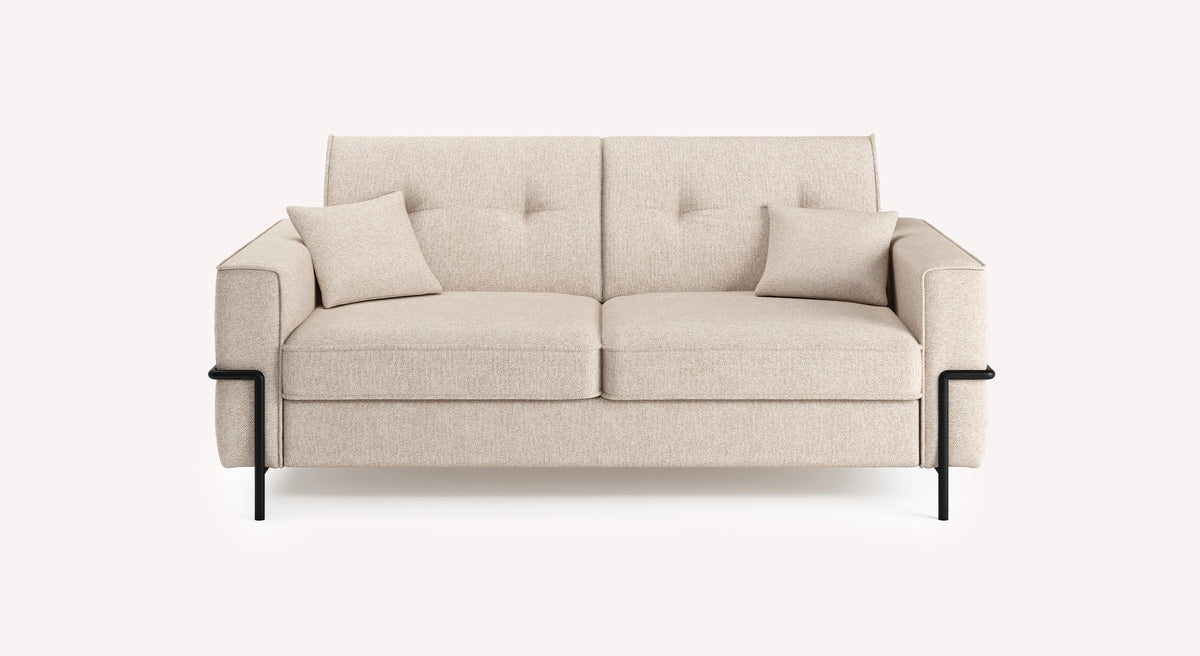 Canapé convertible Eddy en tissu Austin ivoire, design moderne avec accoudoirs et coussins assortis