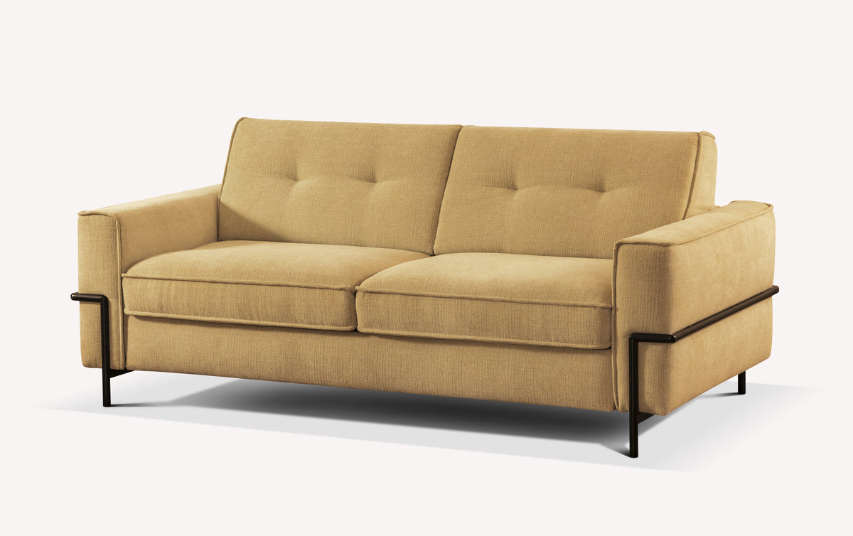 Canapé convertible Eddy en tissu Nuvole couleur curcuma, design moderne avec accoudoirs épais et pieds noirs