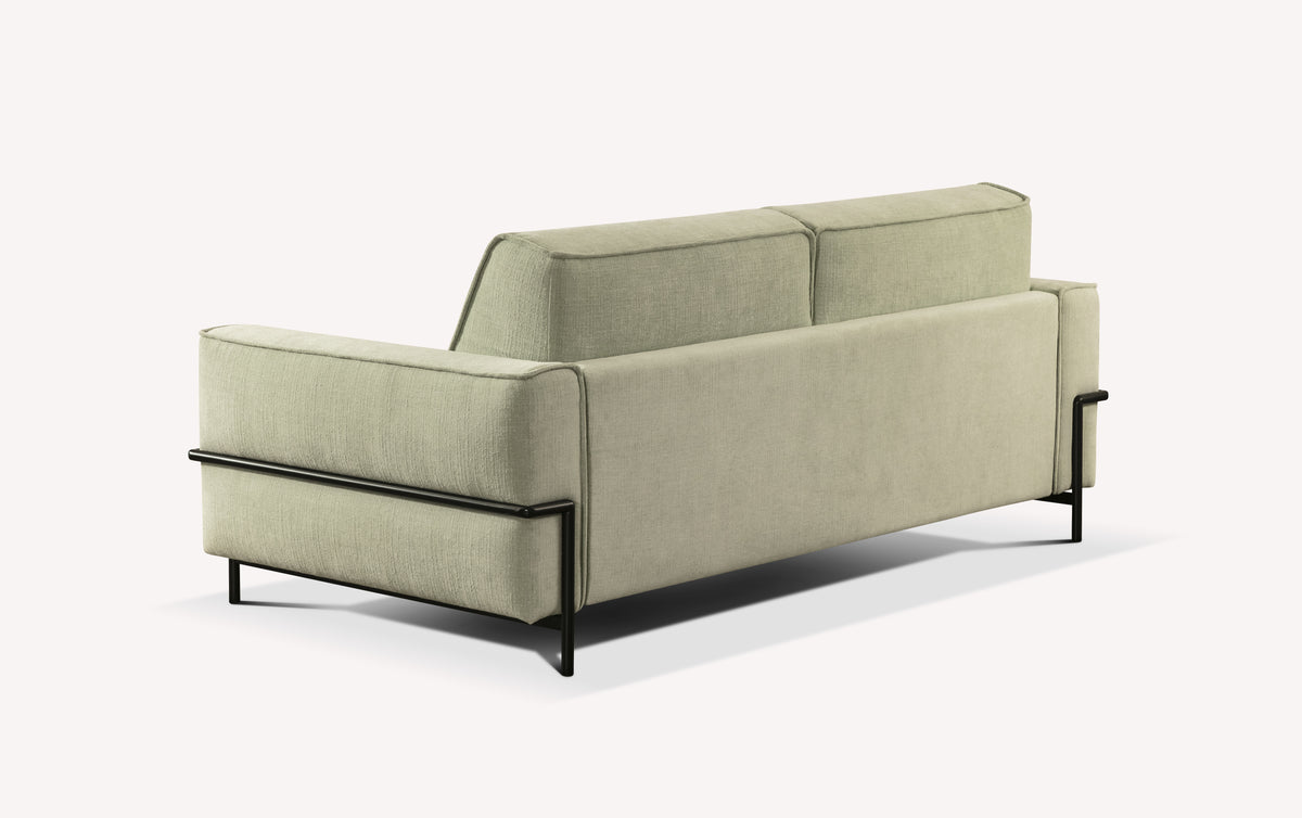 Canapé convertible Eddy en tissu Nuvole eucalyptus, vue arrière, avec structure métallique noire