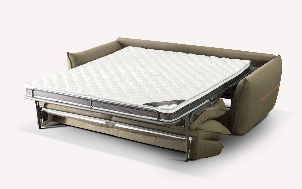 Canapé convertible Elie en tissu lin Purolino couleur sauge, avec matelas déplié