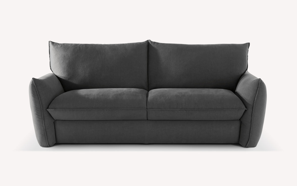 Canapé convertible en tissu gris foncé, modèle Eliet, avec accoudoirs rembourrés, présenté sur fond blanc