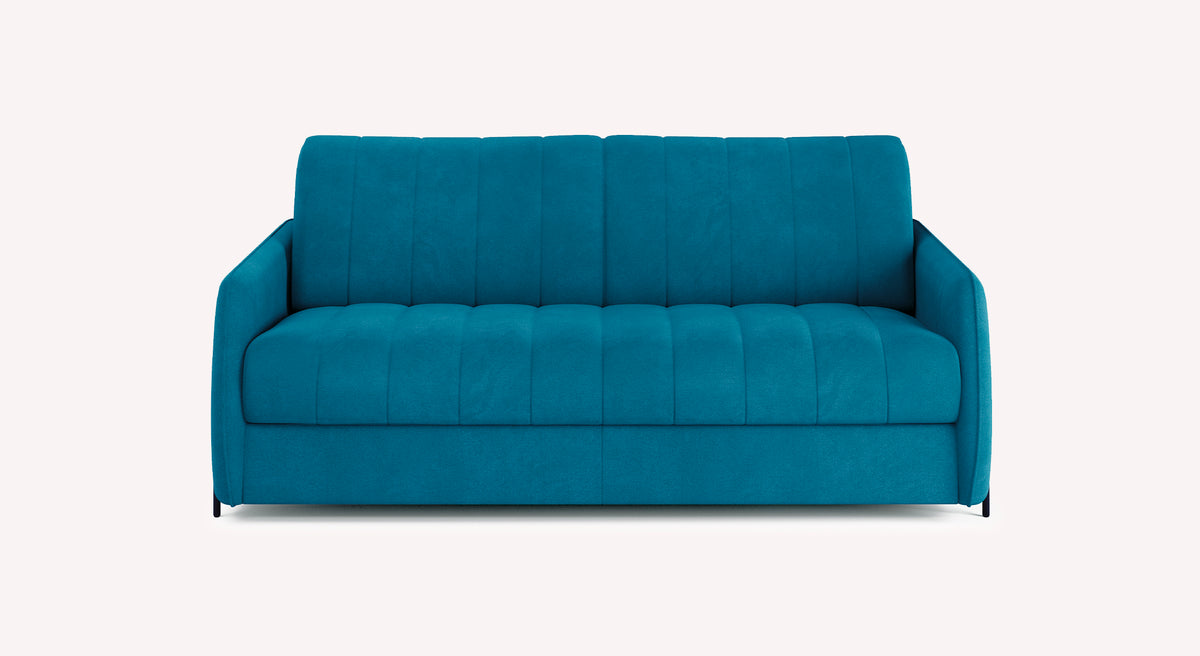 Canapé convertible en velours mat couleur pétrole, modèle Horus, avec un design moderne et des accoudoirs fins