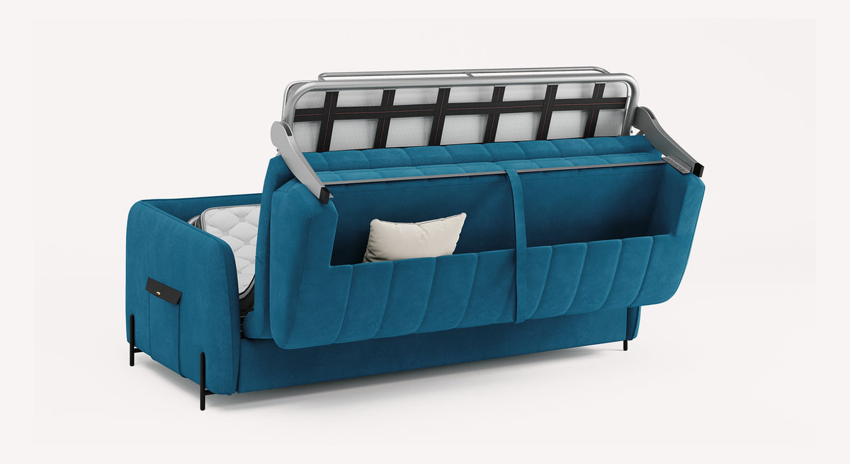 Canapé convertible Horus en velours mat bleu pétrole, avec mécanisme de dépliage visible et coussin blanc