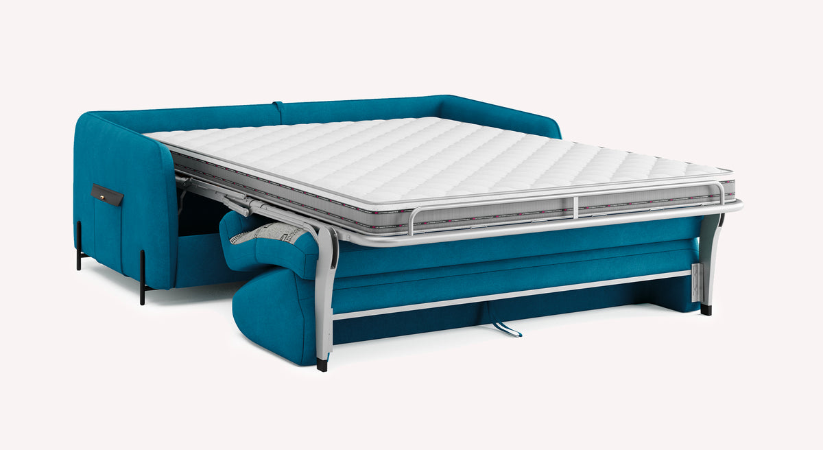Canapé convertible Horus en tissu velours bleu pétrole, déplié avec matelas visible